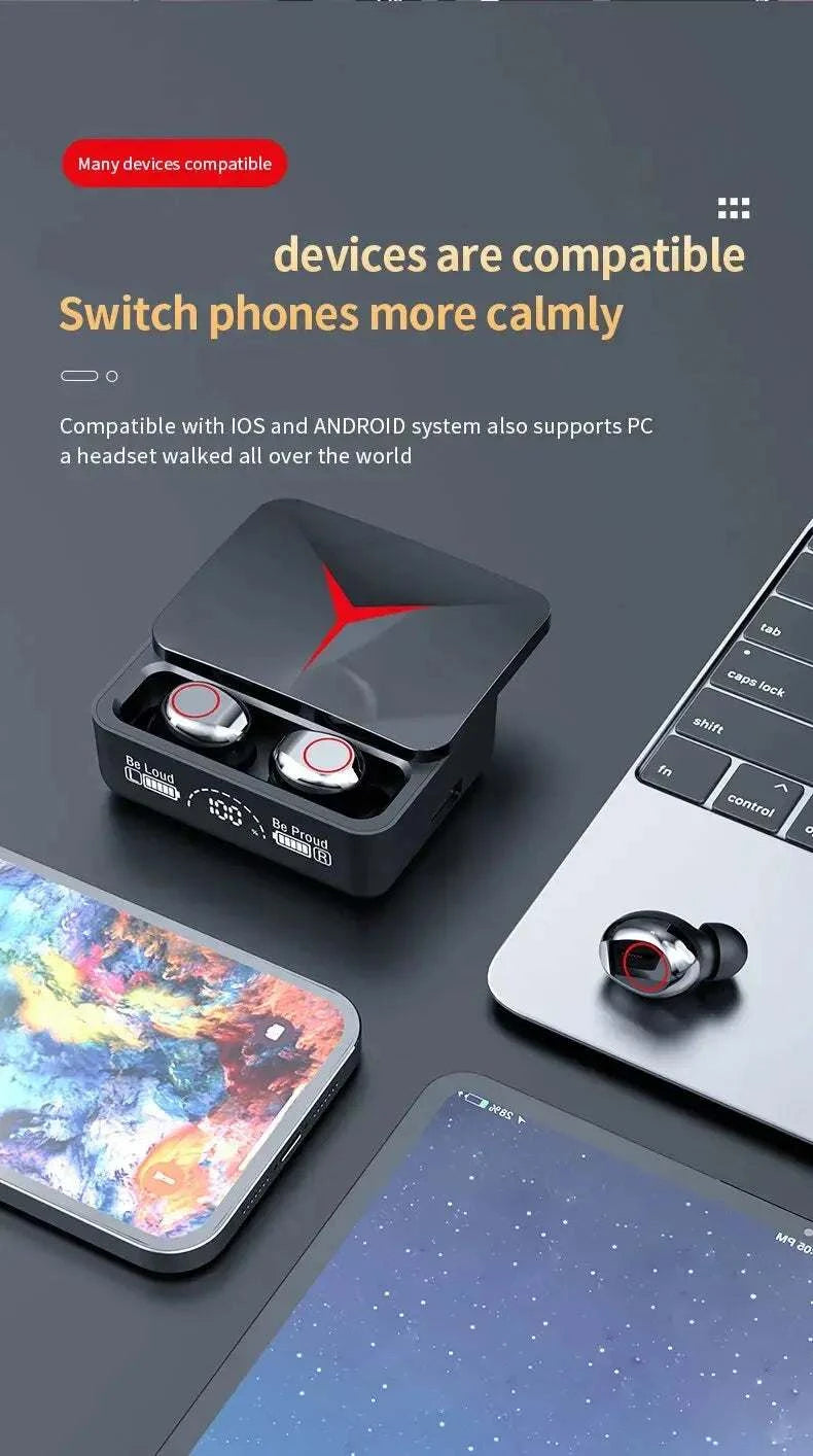 Ecouteurs gaming M90 noirs avec Bluetooth 5.1, ANC, double mode, autonomie longue, commandes tactiles et résistance IPX4