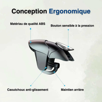 Gâchettes Pulse Trigger™ pour jeu mobile avec Bluetooth, sensibilité élevée, compatibilité film protection, portable et ergonomique.
