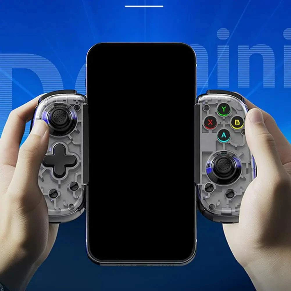 Manette de jeu D6Mini extensible pliable avec joystick Hall et vibration, compatible Android, iOS, Switch, PC, connexion Type-C, mode filaire et Bluetooth, noir et blanc.